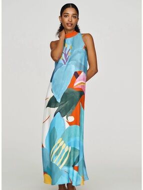NWT Farm Rio Anthropologie Maxi Halter Dress Small teal/orange pockets!